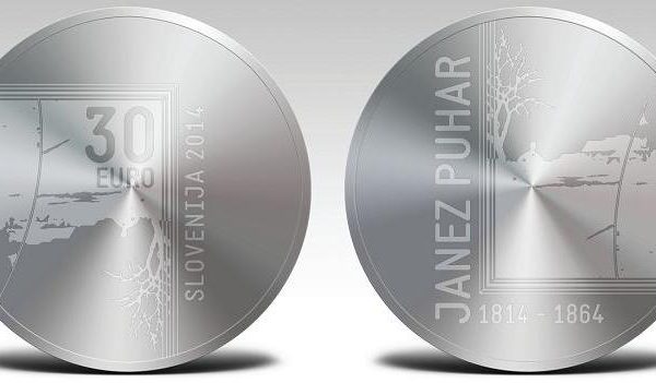 Slovenia, nel 2014 tre monete per Janez Puhar (3, 30 e 100 euro)